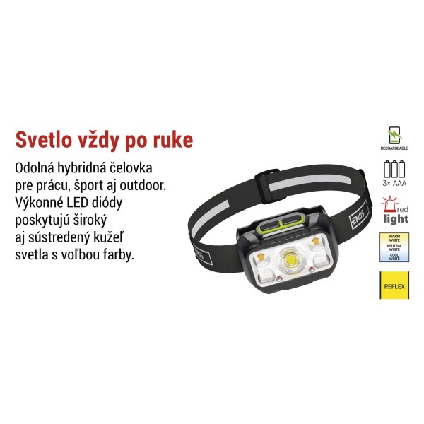 Svietidlo čelové EMOS LED P3546 550lm Li-Pol 100mAh nabíjateľné - čierne