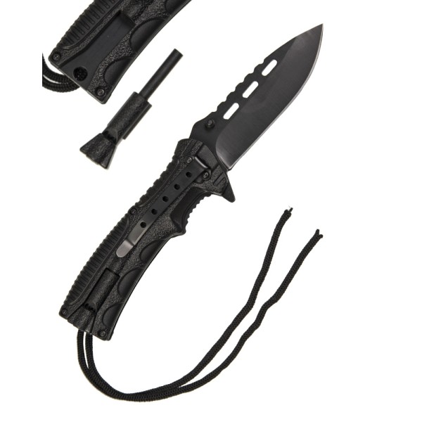 Nôž zatvárací taktický MIL-TEC Black One Hand Knife Paracord s kresadlom - čierny