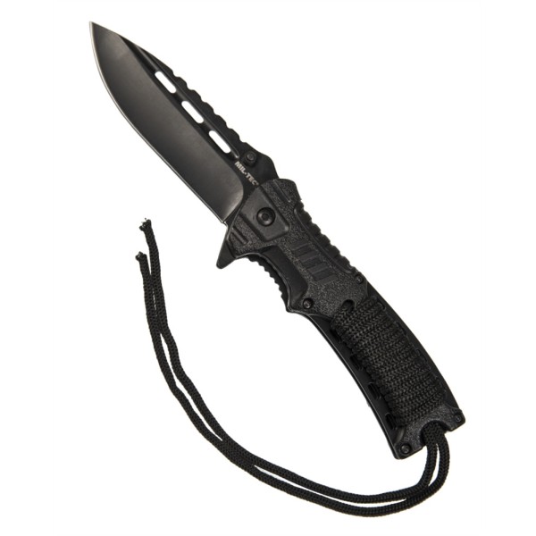 Nôž zatvárací taktický MIL-TEC Black One Hand Knife Paracord s kresadlom - čierny