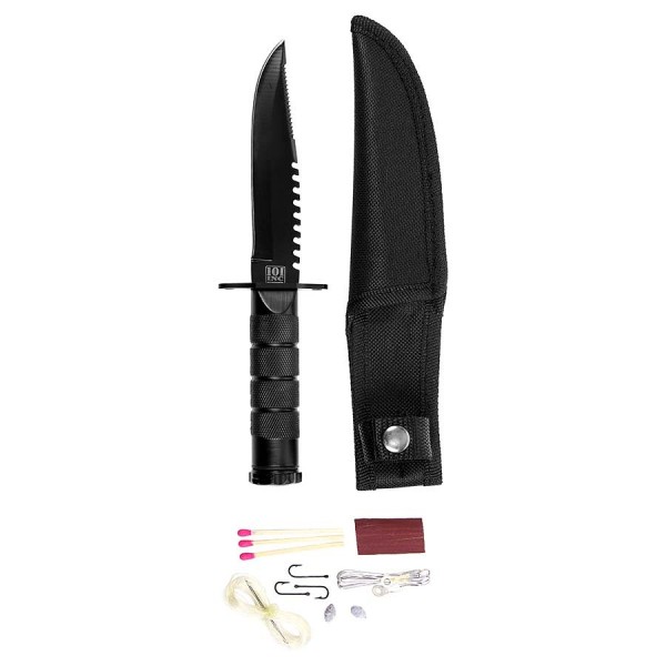 Nôž outdoorový s pevnou čepeľou 101 INC Mini Survival Knife s príslušenstvom - čierny