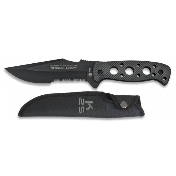 Nôž taktický s pevnou čepeľou K25 Tactical Knife MA 31824, kombinované ostrie - čierny