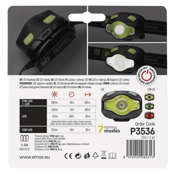 Svietidlo čelové EMOS COB LED P3536 220lm - čierne