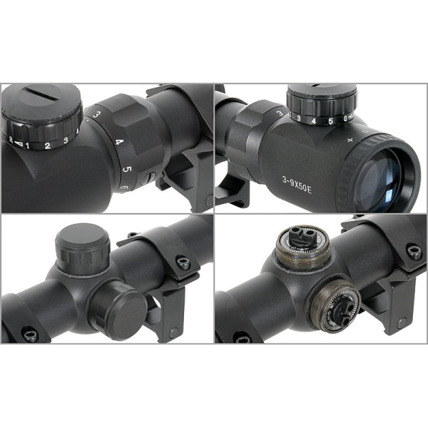 Puškohľad PCS 3-9x50E podsvietený, so zvýšenou montážou 22mm - čierny
